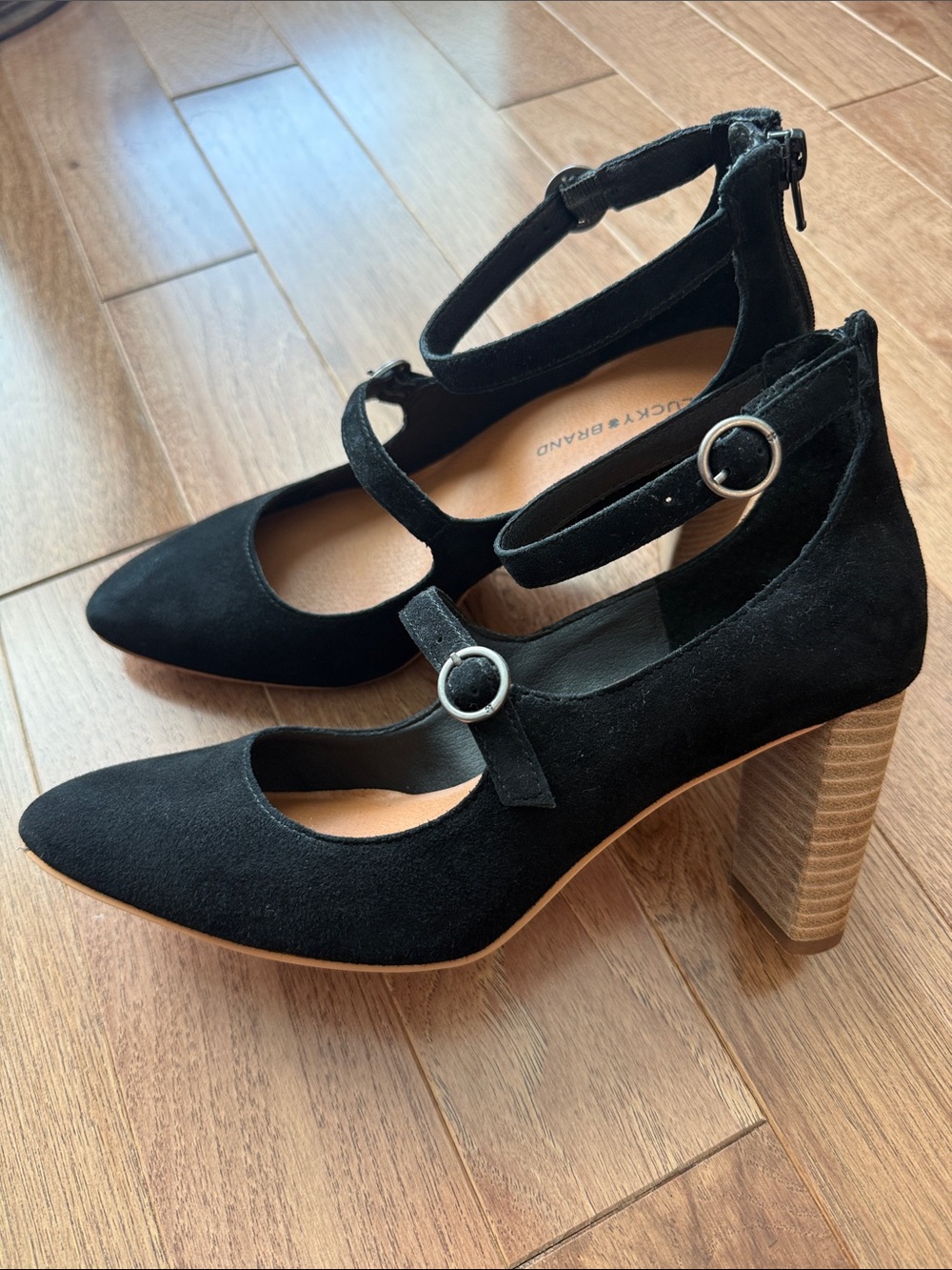 NWOB Lucky Brand black suede mary jane heels double strap leather 8.5